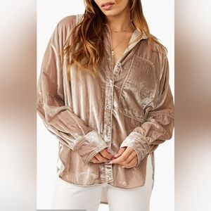 Night Skies Velvet Button-Up Shirt, Free People, Sizes S-L, Mushroom Color